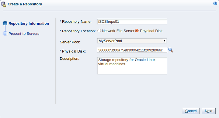 This figure shows the Repository Information step with the Physical Disk option selected in the Create a Repository wizard.