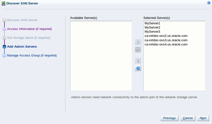 This figure shows the Add Admin Servers step of the Discover SAN Server wizard.