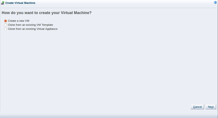 This figure shows the Create Virtual Machine wizard with the Create a new VM option selected.