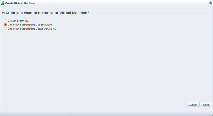 This figure shows the Create Virtual Machine wizard with the Clone from an existing VM Template option selected.