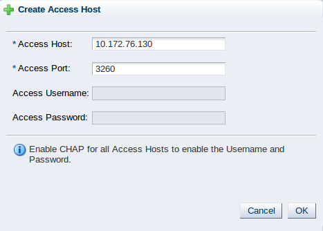 This figure shows the Create Access Host step in the Discover SAN Server wizard.