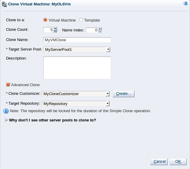 This figure shows the Clone (Virtual Machine or Template) dialog box with the Clone to a Virtual Machine option selected.