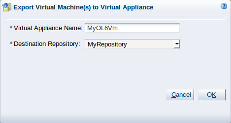 This figure shows the Export Virtual Machine(s) to Virtual Appliance dialog box.
