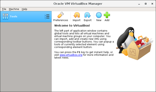 VirtualBox Manager Window, After Initial Startup