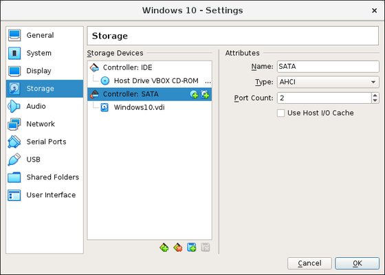Storage Settings for a Virtual Machine