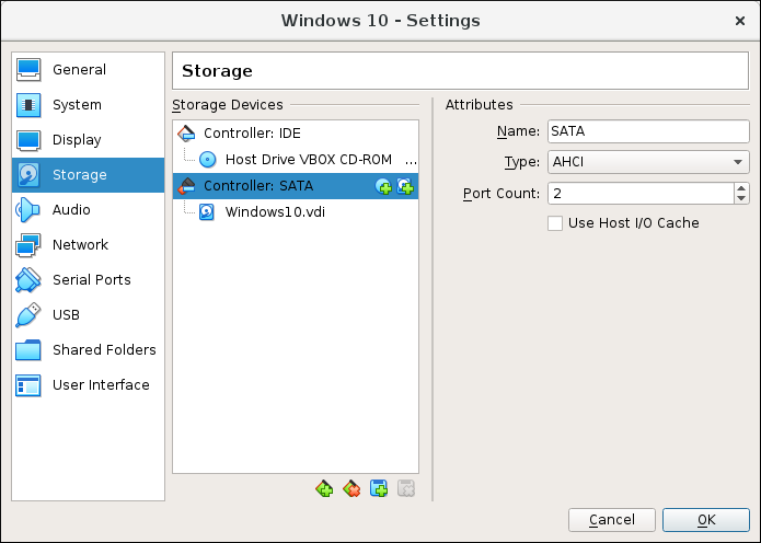 Storage Settings for a Virtual Machine
