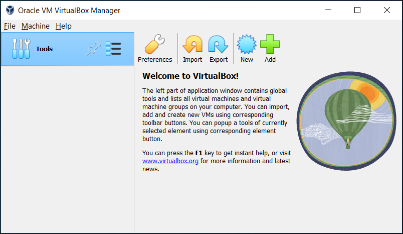 VirtualBox Manager, Showing Welcome Screen After Initial Startup