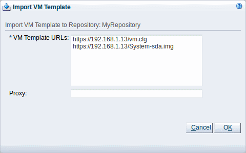 This figure shows the Import Template dialog box showing the virtual machine URLs to enter when using the P2V utility.
