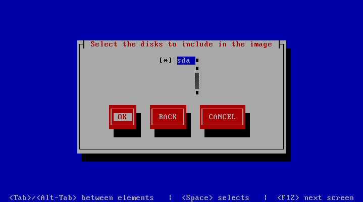 This figure shows the disk selection screen. Selections available on this screen are: Disk partition(s). OK button. Back button. Cancel button. Tab or Alt+Tab between elements. Space selects. F12 moves to next screen.