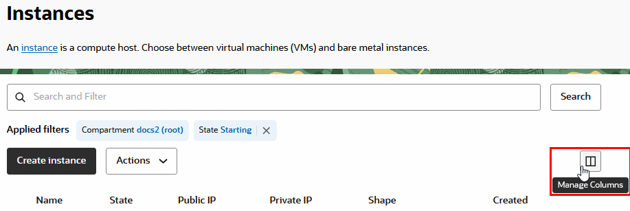 Captura de pantalla en la que se resalta el icono Gestionar columna
