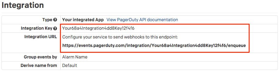 PagerDuty Clave de integración y URL de integración.