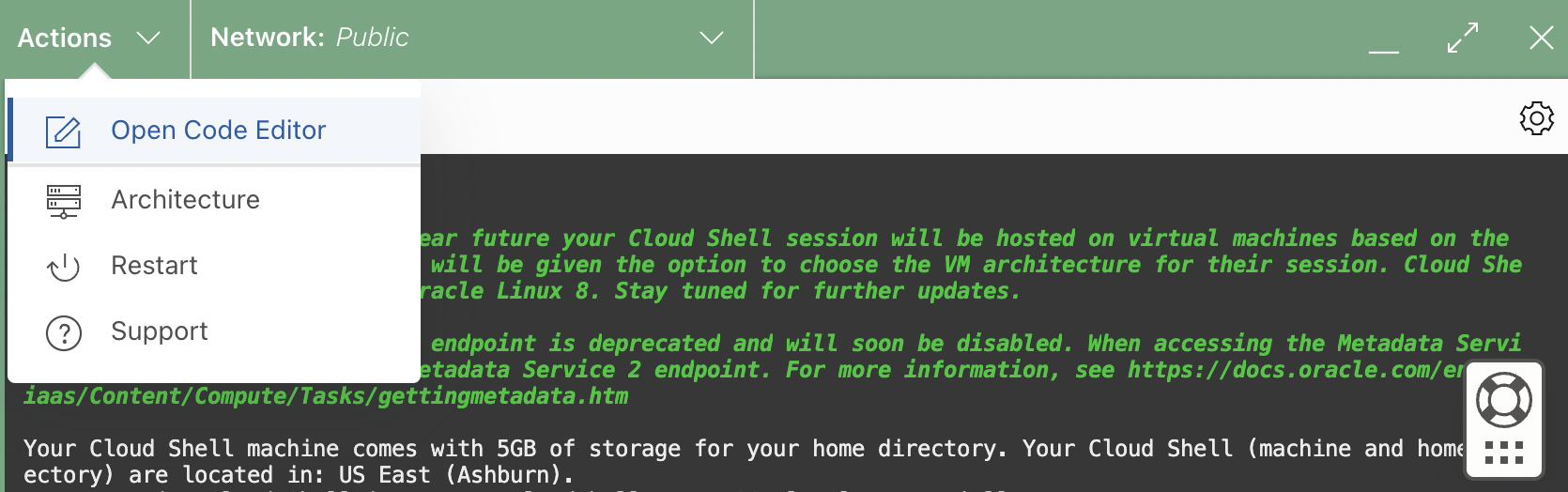 Menú de acción de arquitectura de Cloud Shell