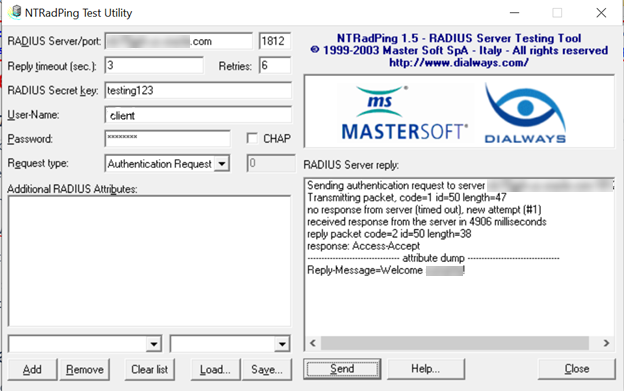 Captura de pantalla de la utilidad de prueba NTRadPing en Windows