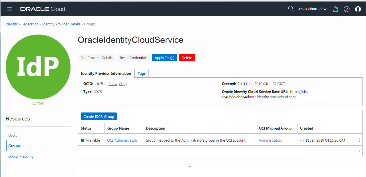 Esta captura de pantalla muestra la página de detalles de federación de Oracle Identity Cloud Service
