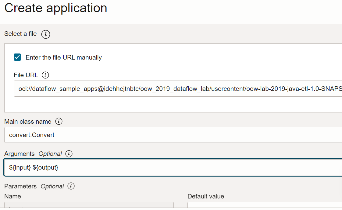 La página Aplicación que se muestra con la opción extensible Crear aplicación en la parte derecha de la sección Configuración de aplicación side.The está visible. En la parte superior hay una sección llamada Seleccionar un archivo. Se ha seleccionado una casilla de control con la etiqueta Introducir la URL del archivo manualmente. A continuación hay un campo de texto denominado Dirección URL de archivo. Está relleno con la ruta de acceso al archivo .jar. Debajo hay un campo de texto denominado Nombre de la clase principal. Está relleno con convert.Convert. Debajo hay un campo de texto denominado Argumentos. Está relleno con ${input} ${output}.