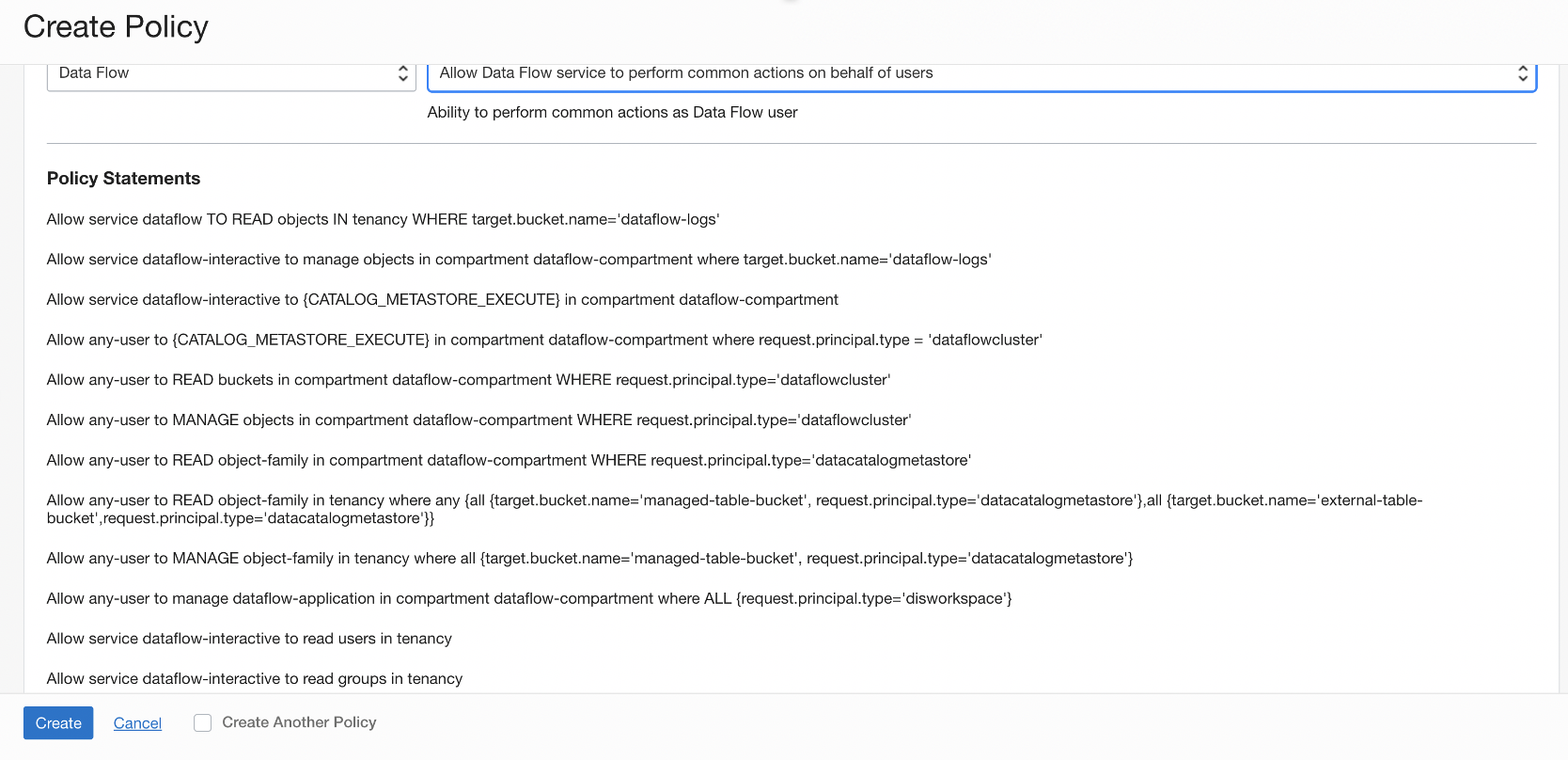 Se ha seleccionado la política Permitir que el servicio Data Flow realice acciones comunes en nombre del usuario y se muestran las sentencias de política correspondientes.