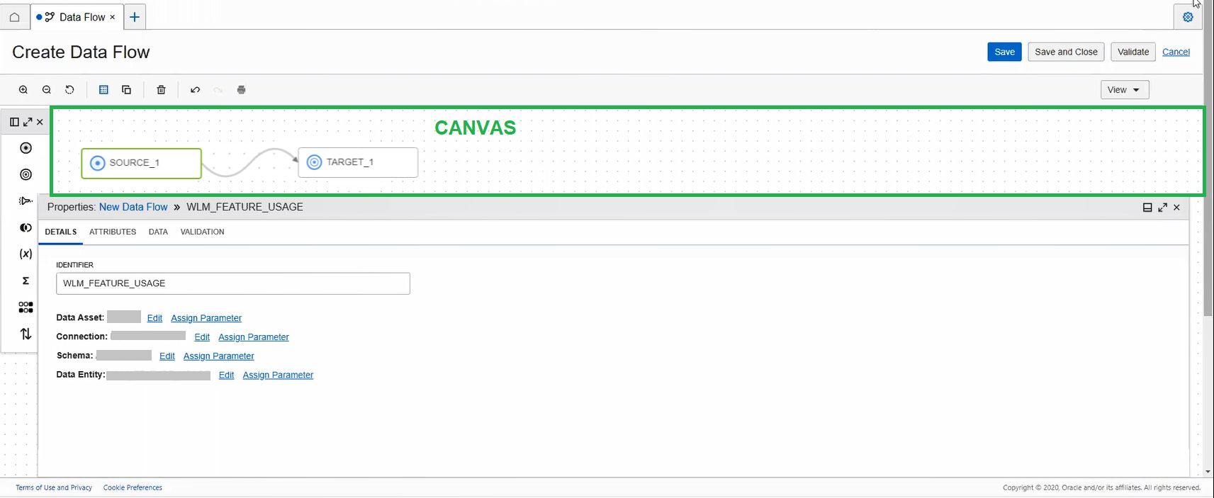Diseñador de flujos de datos con el área de lienzo resaltada