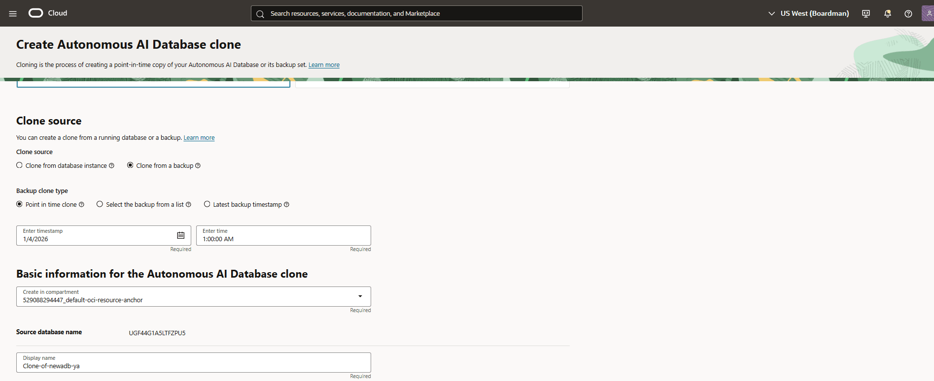 Esta captura de pantalla muestra cómo crear una clonación.