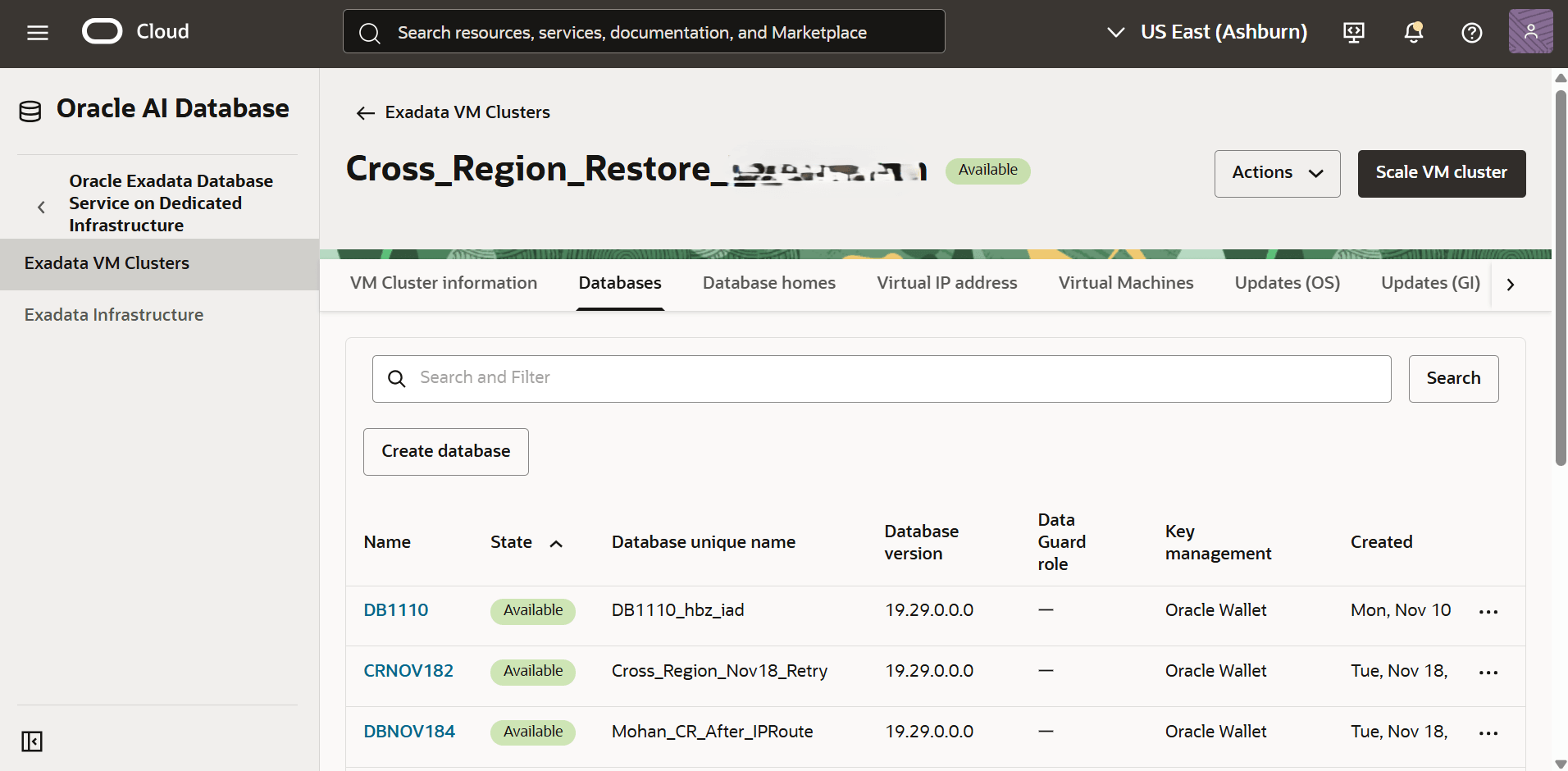 Esta captura de pantalla muestra la lista de bases de datos.