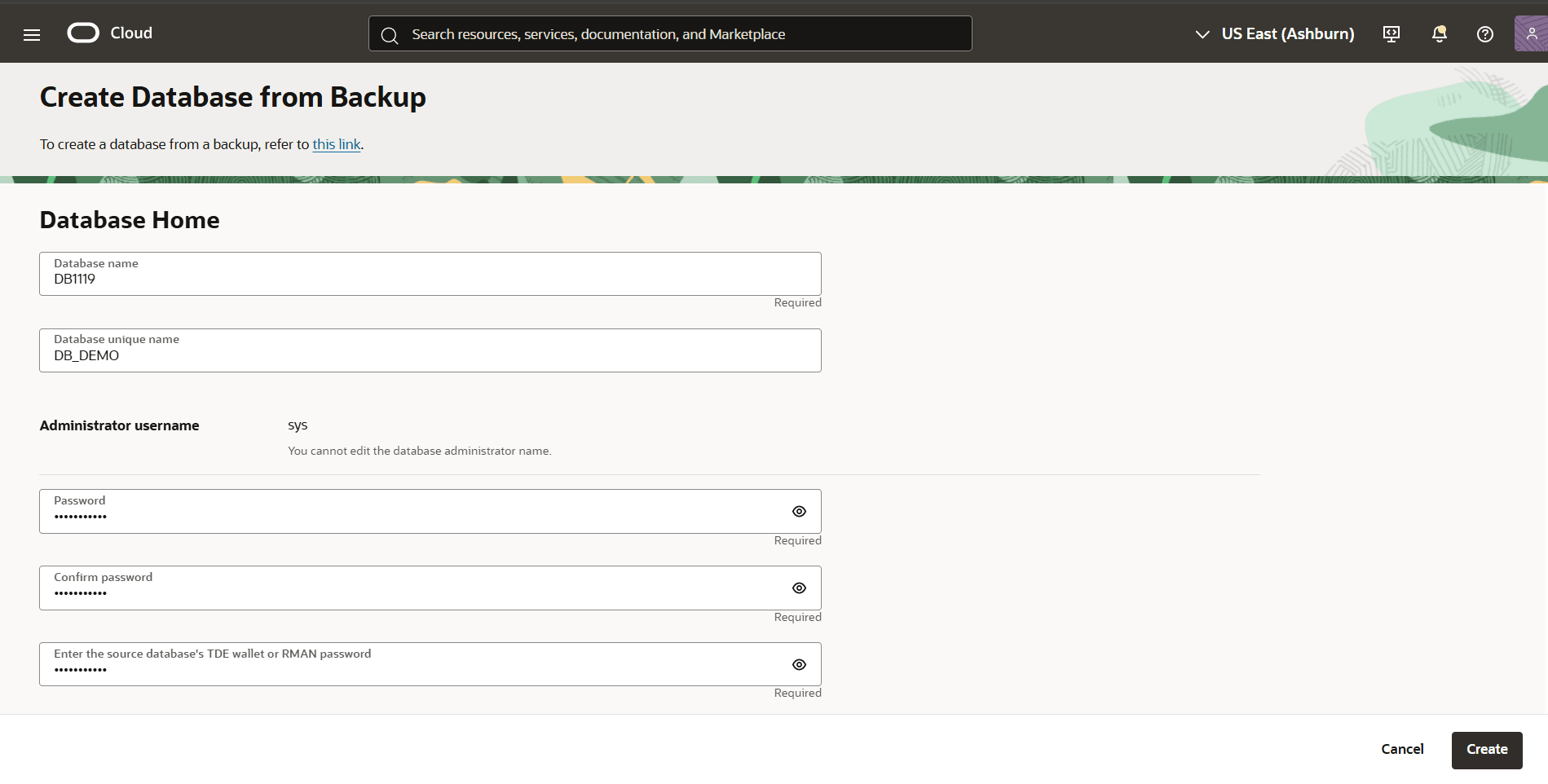En esta captura de pantalla se muestra cómo crear una base de datos a partir de una copia de seguridad.