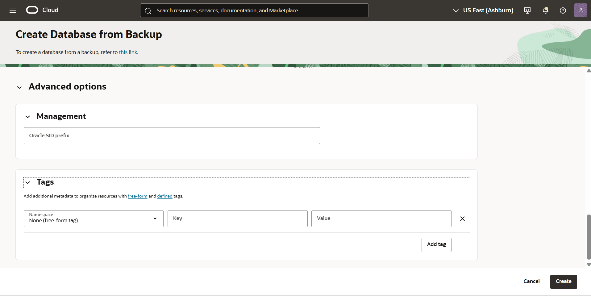 Esta captura de pantalla muestra cómo crear una base de datos a partir de una copia de seguridad.