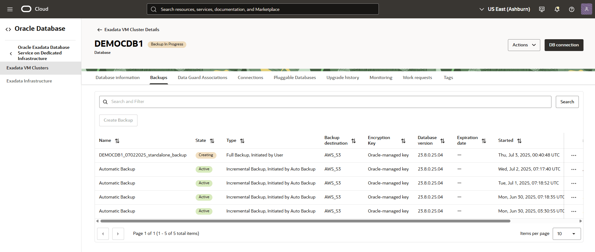 Esta captura de pantalla muestra el estado de la copia de seguridad manual que está en Backup in Progress.