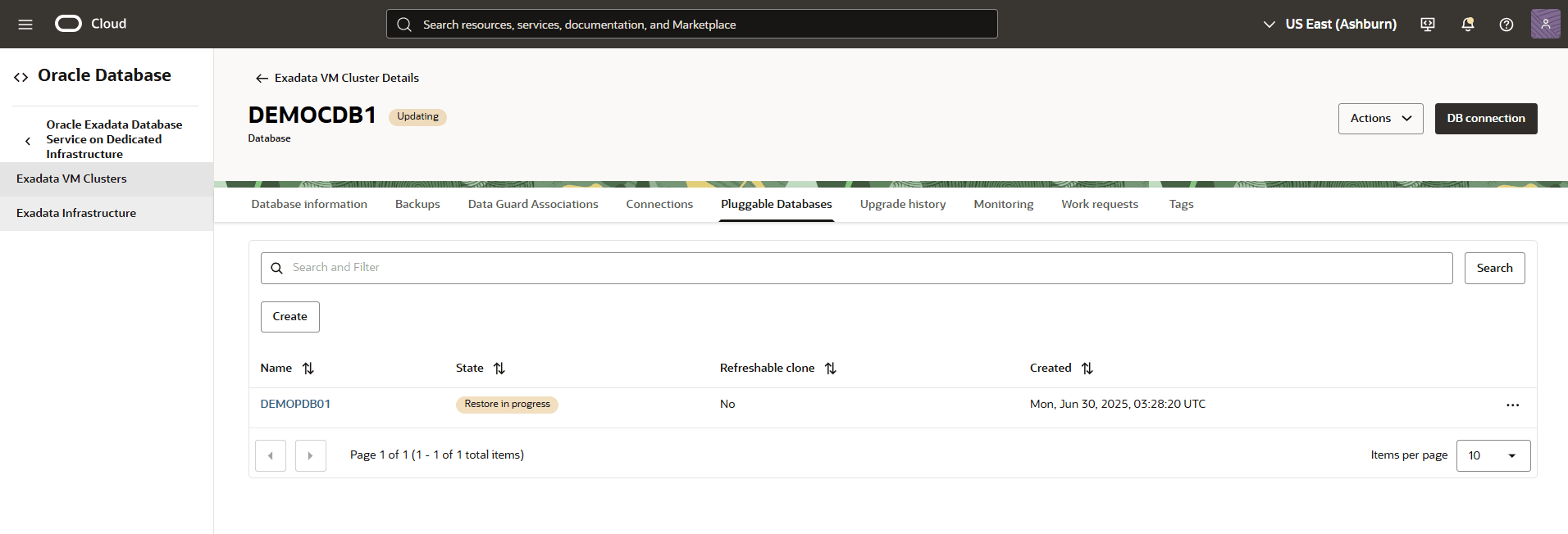 Esta captura de pantalla muestra la restauración point-in-time de la base de datos conectable