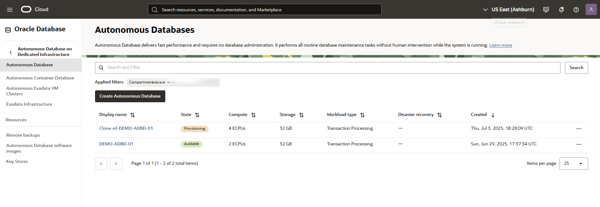 Esta captura de pantalla muestra cómo clonar una base de datos de IA autónoma a partir de una copia de seguridad manual