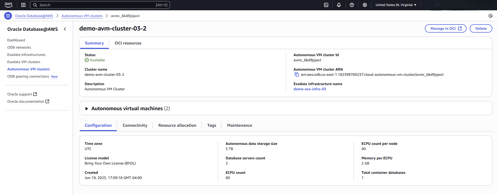 En esta captura de pantalla se muestra el paso para seleccionar el botón Manage in OCI.
