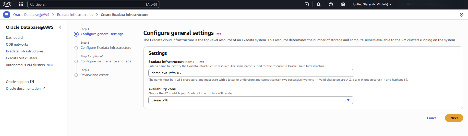 Esta captura de pantalla muestra la primera parte de la creación de una infraestructura de Exadata. Esta captura de pantalla muestra la primera parte de la creación de una infraestructura de Exadata.