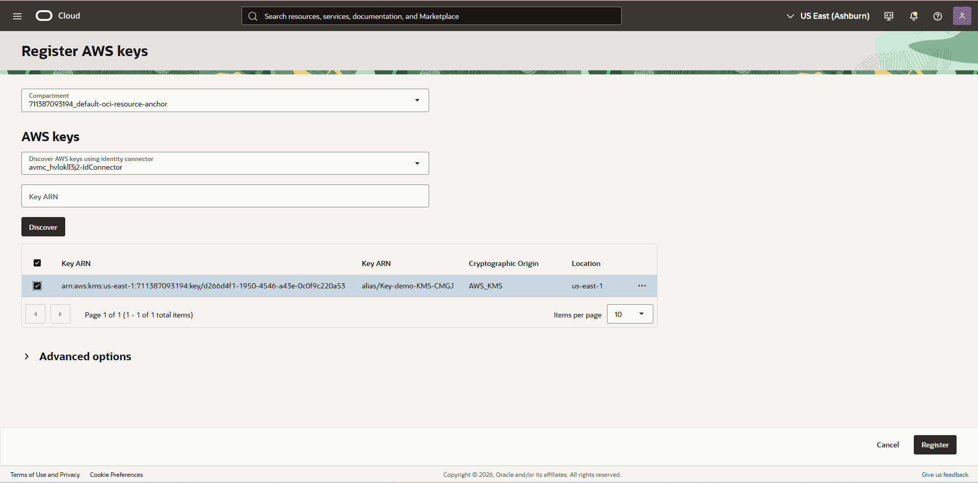 Esta captura de pantalla muestra cómo registrar la clave de AWS.