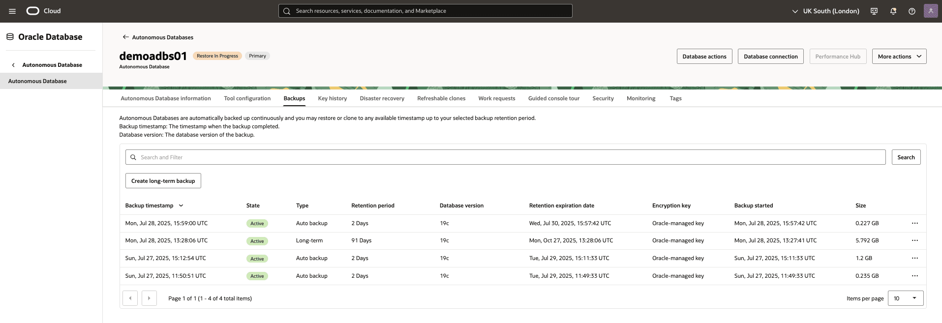 This screenshot shows the automatic restore of an Autonomous AI Database. This screenshot shows the automatic restore of an Autonomous AI Database.