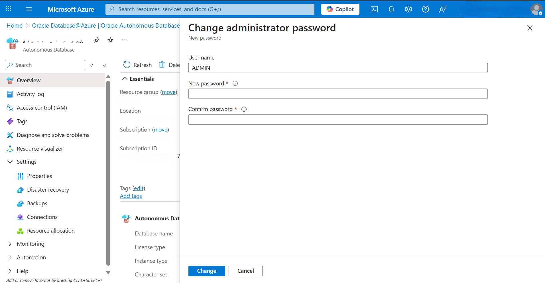 En esta captura de pantalla se muestra cómo cambiar la contraseña de administrador de una base de datos de IA autónoma. En esta captura de pantalla se muestra cómo cambiar la contraseña de administrador de una base de datos de IA autónoma.