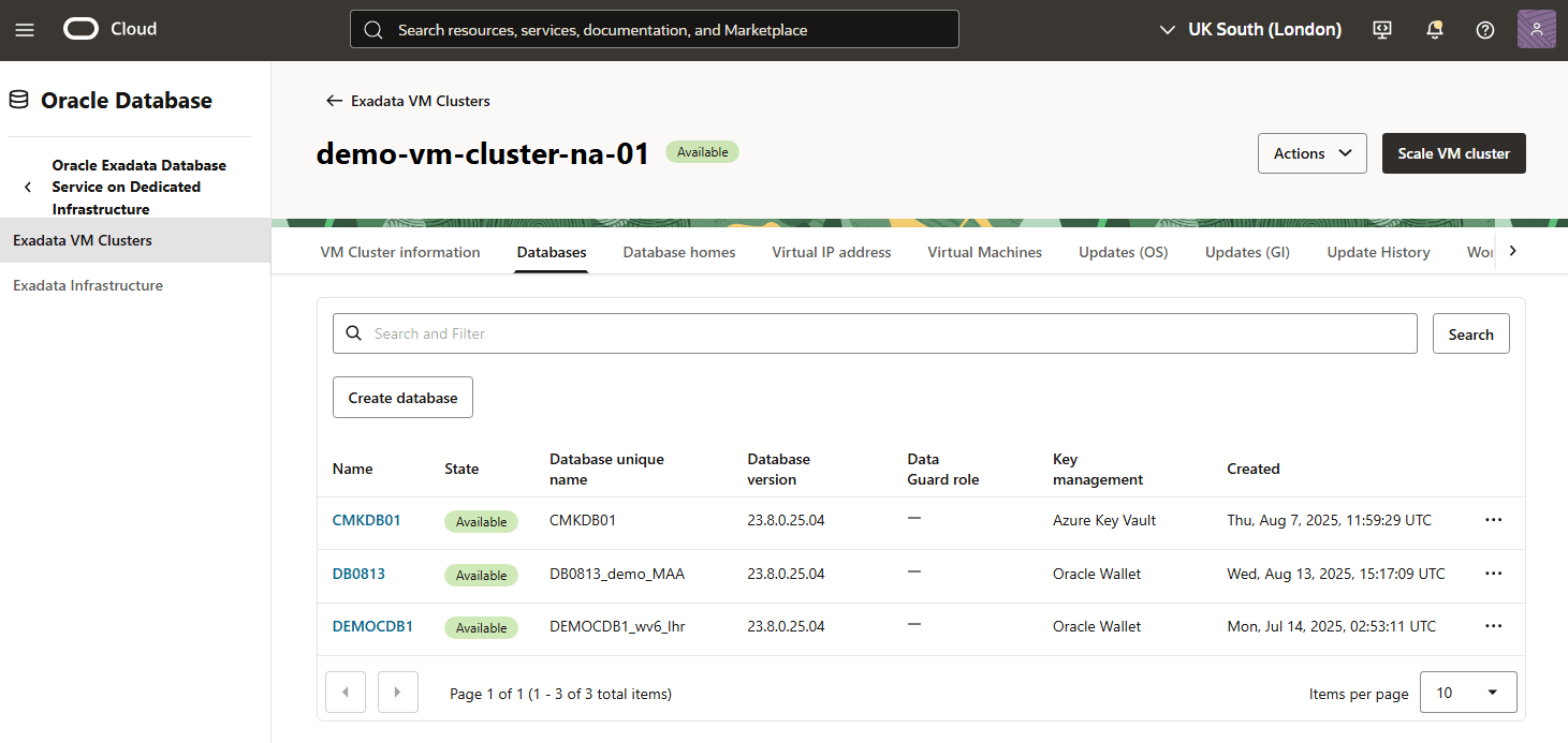 Esta captura de pantalla muestra cómo modificar una base de datos de Exadata.