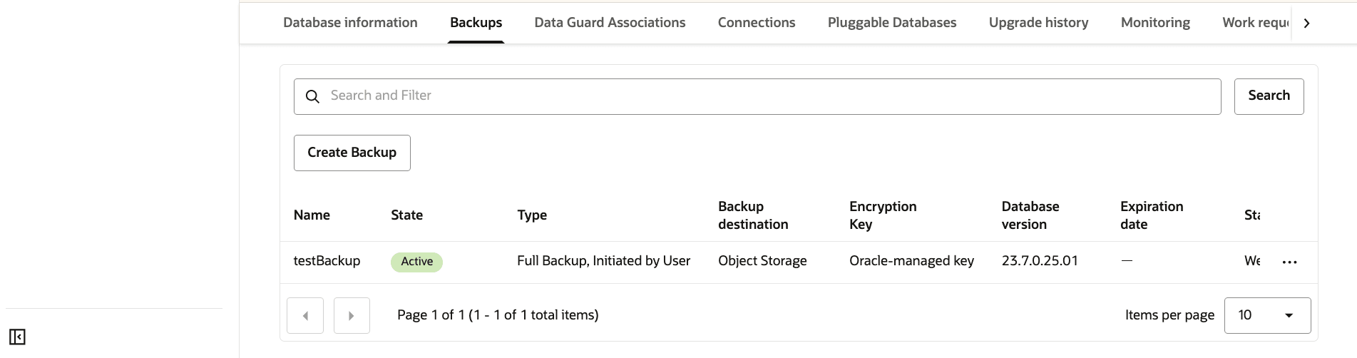 Captura de pantalla del proceso de copia de seguridad de la base de datos Exadata.