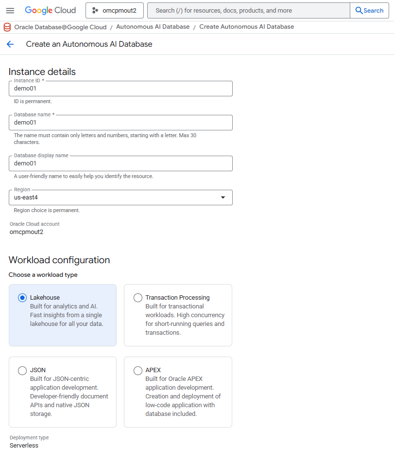 En esta captura de pantalla se muestra cómo crear una base de datos de IA autónoma.