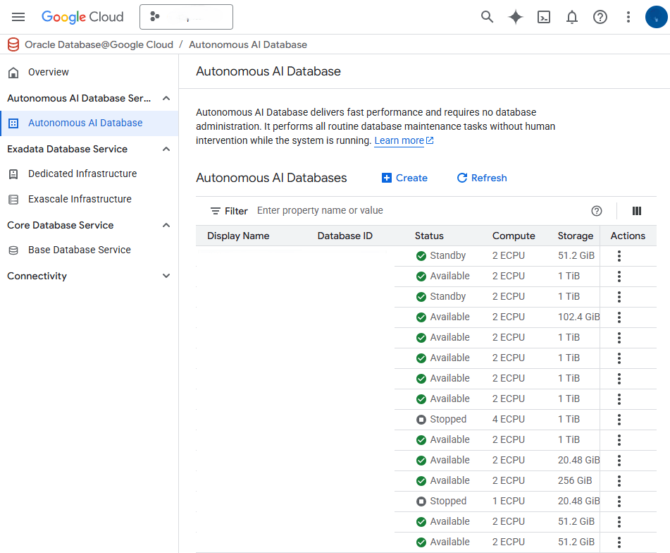 En esta captura de pantalla se muestra cómo crear una base de datos de IA autónoma.