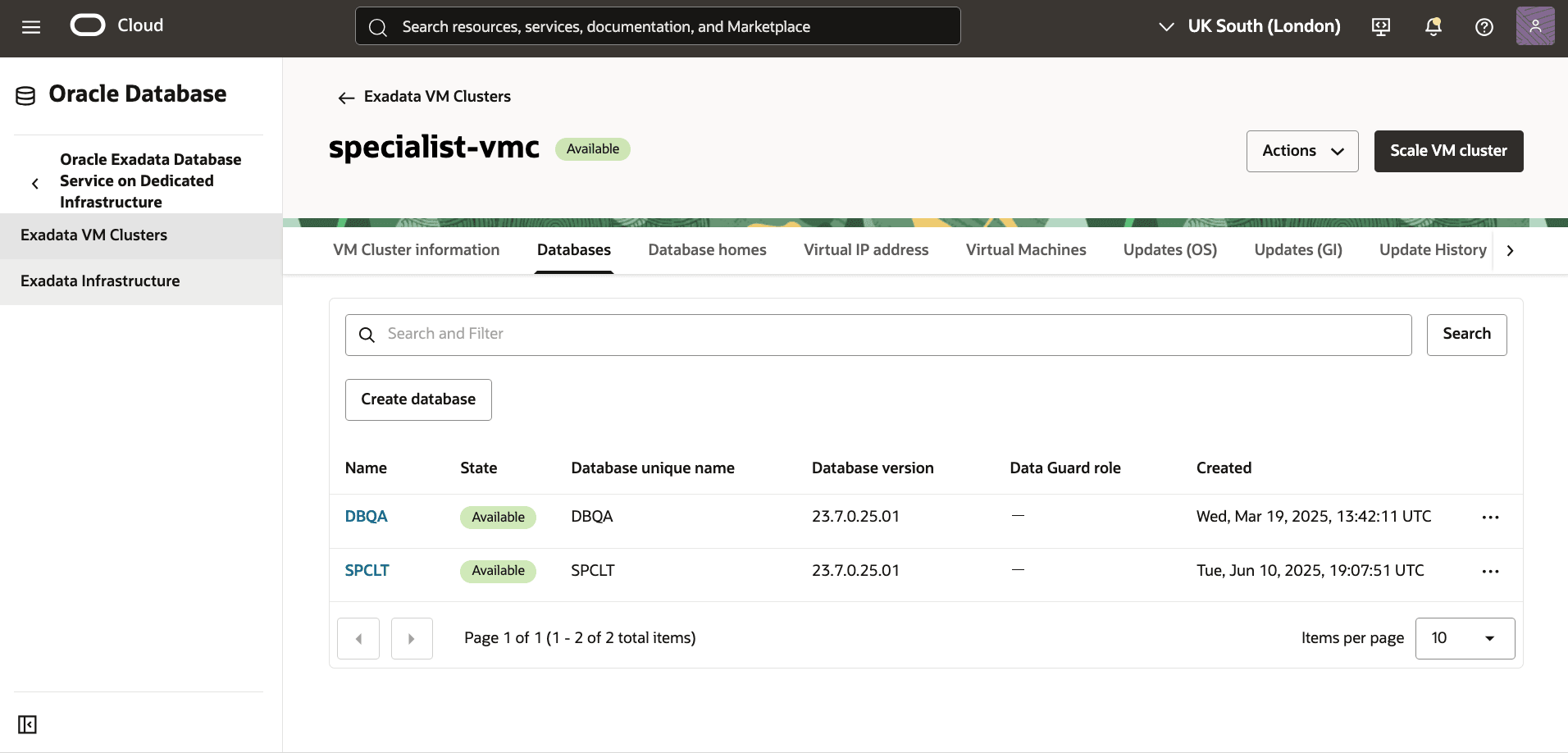 Captura de pantalla que muestra la supresión de una base de datos de Exadata.