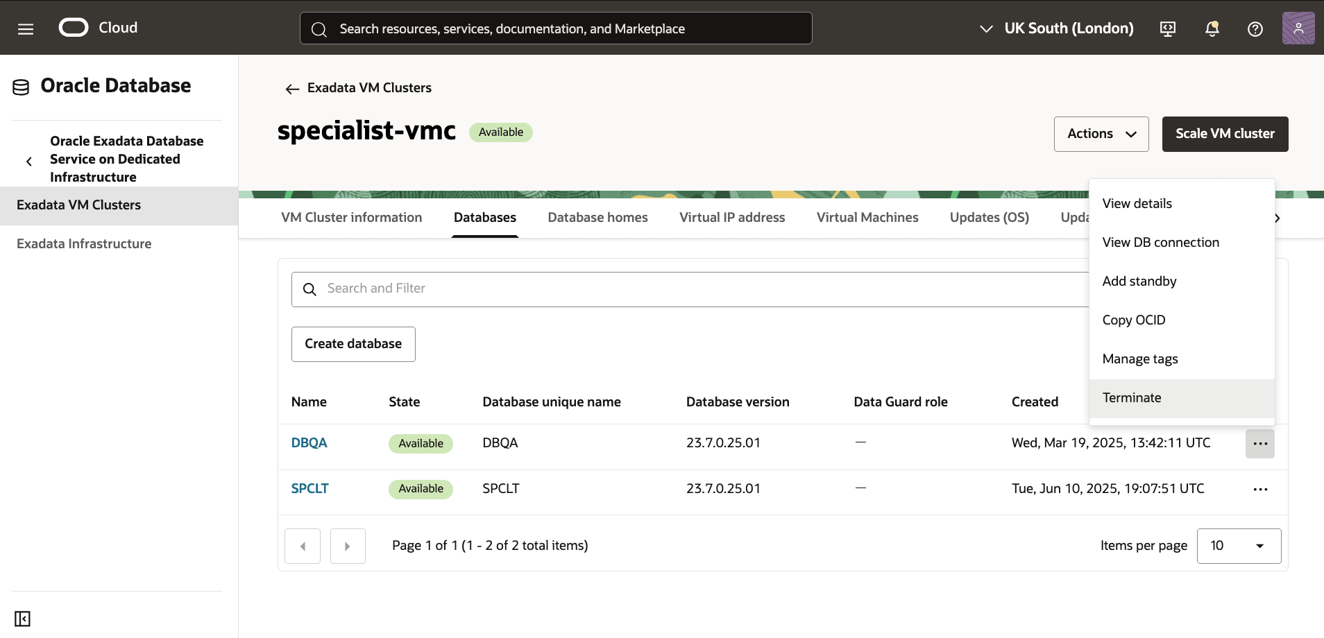 Captura de pantalla que muestra la supresión de una base de datos de contenedores de Exadata.