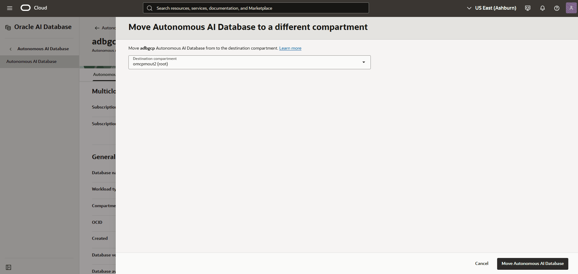 En la captura de pantalla se muestran los pasos para modificar una base de datos de IA autónoma.