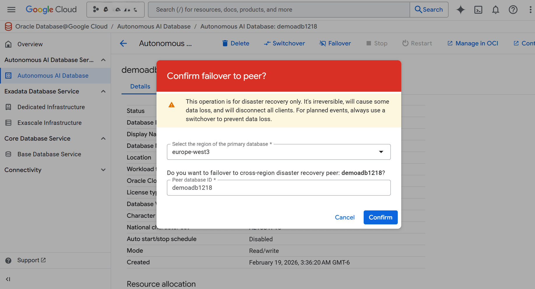 En esta captura de pantalla se muestra cómo realizar un failover.