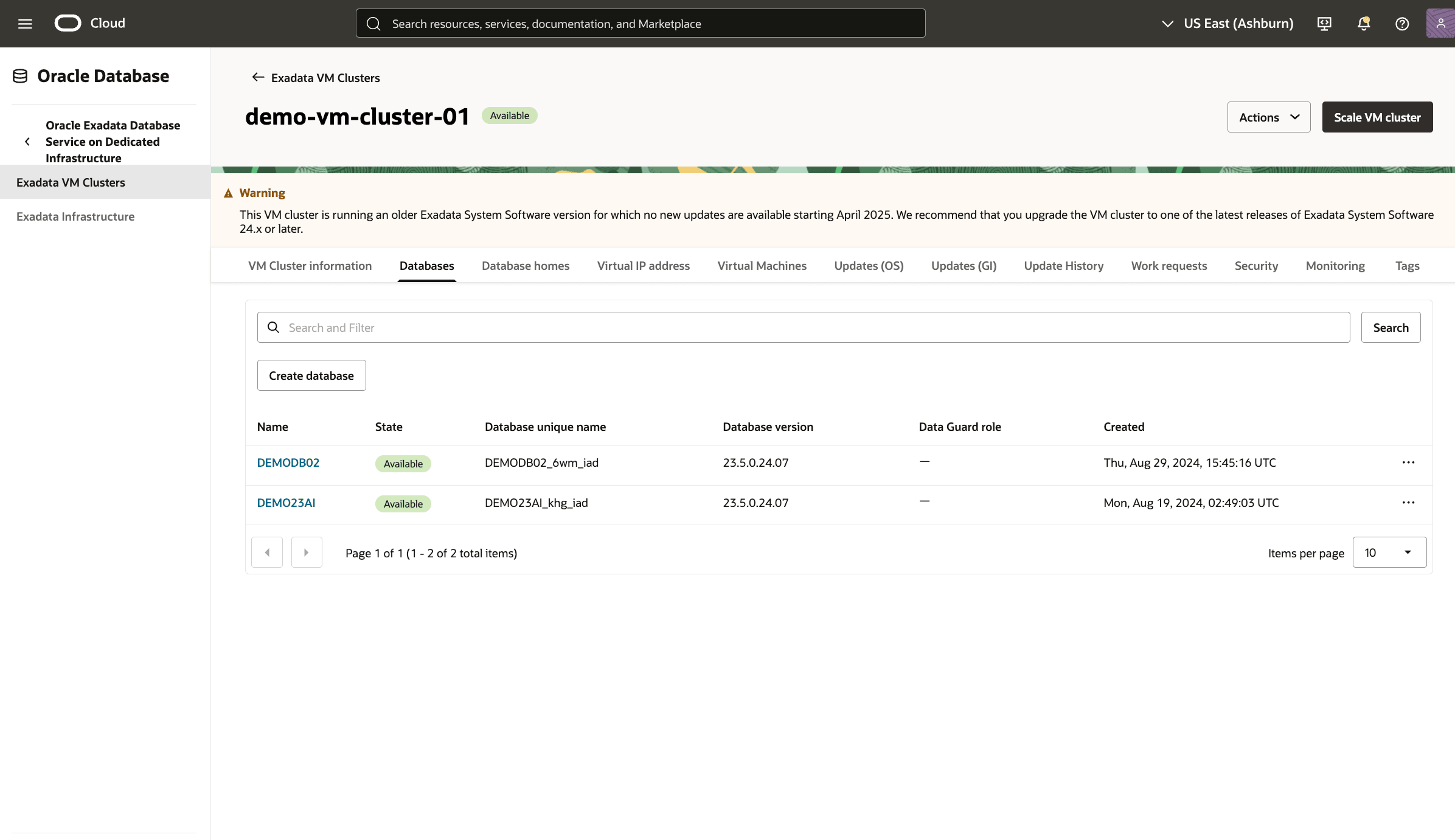 Captura de pantalla de modificación del proceso de base de datos de Exadata.