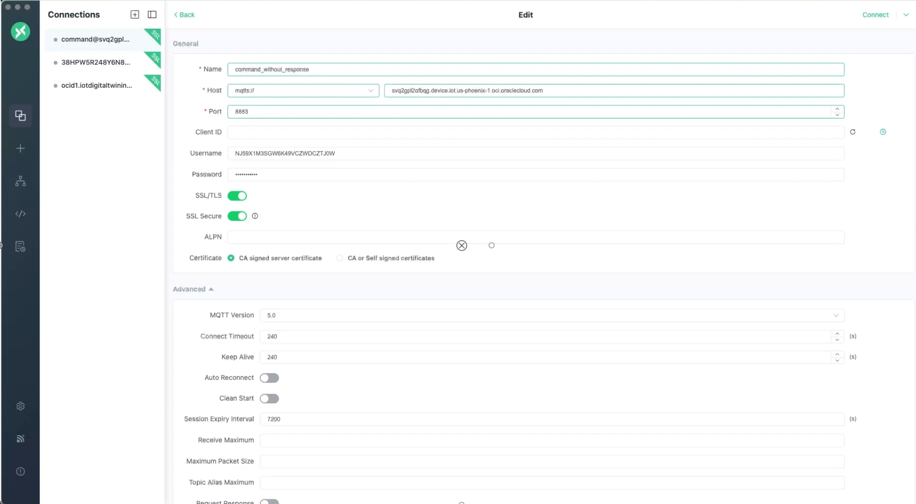 En la configuración de MQTTX para llamar a un comando.