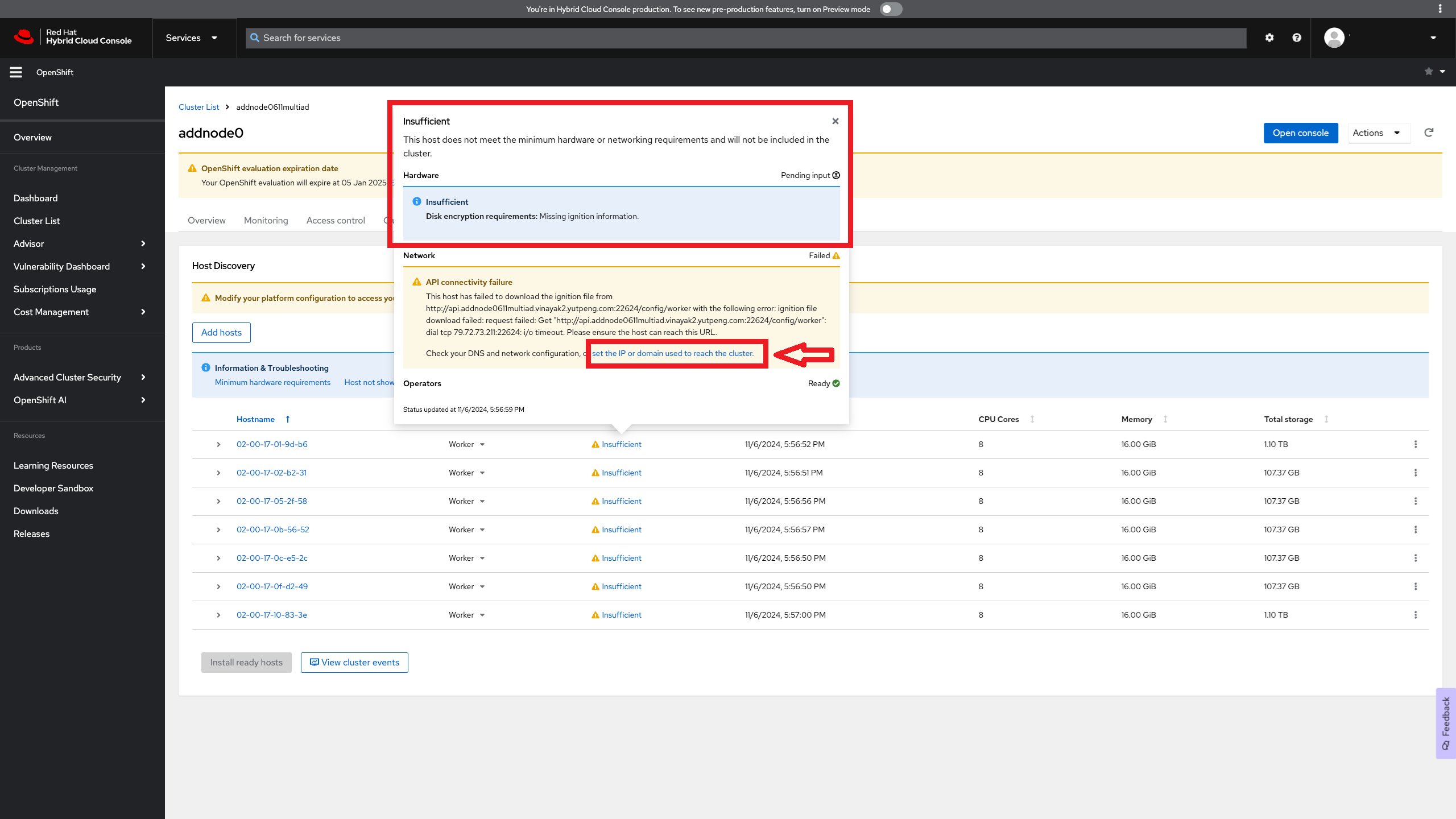 Imagen de la página de detalles del cluster OpenShift en la consola de Red Hat.