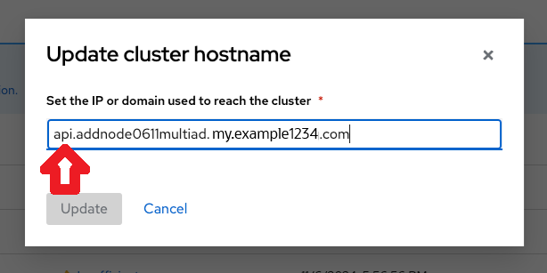 Imagen del cuadro de diálogo Actualizar nombre de host de cluster.