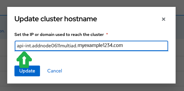 Imagen del cuadro de diálogo Actualizar nombre de host de cluster después de editar la cadena.