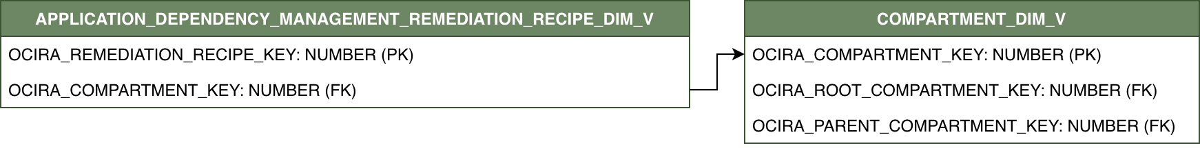Diagrama de relaciones que muestra la tabla de dimensiones APPLICATION_DEPENDENCY_MANAGEMENT_REMEDIATION_RECIPE_DIM_V y su relación con COMPARTMENT_DIM_V.