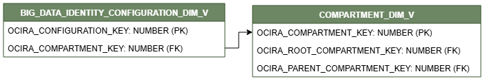 Diagrama de relaciones que muestra la tabla de dimensiones, BIG_DATA_IDENTITY_CONFIGURATION_DIM_V.