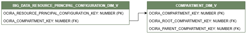 Diagrama de relaciones que muestra la tabla de dimensiones, BIG_DATA_RESOURCE_PRINCIPAL_CONFIGURATION_DIM_V.