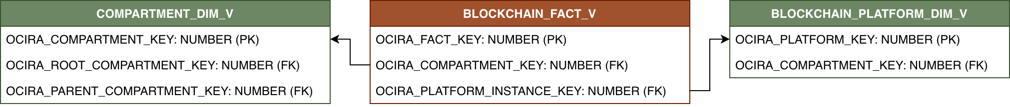 Diagrama de relaciones que muestra la tabla de hechos BLOCKCHAIN_FACT_V y sus tablas de dimensiones relacionadas.